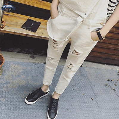 Salopette Jean Beige Déchirée