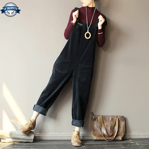 Salopette Vintage<br> Noire Velours Côtelé