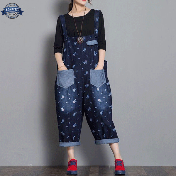Salopette en Jean<br> Bleue avec Fleurs