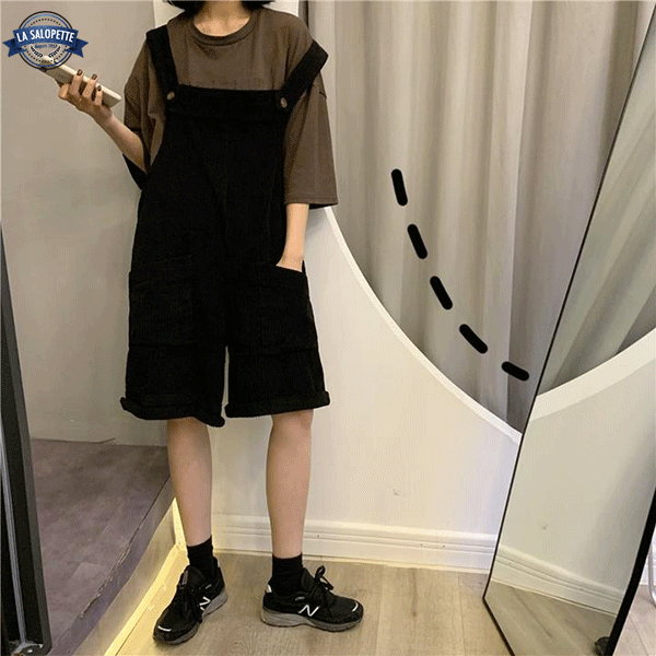 Damen Kurze Latzhose aus Samt Schwarz